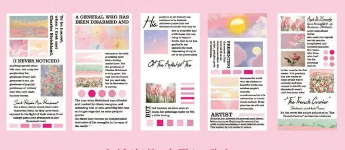 Pack of twenty rectangular paper stickers depicting landscape paintings, each measuring 60 by 120 millimetres.