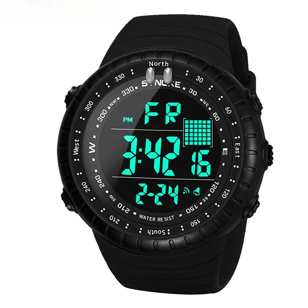Black men's outdoor digital watch with large dial showing WR50M waterproof rating and adjustable PU strap