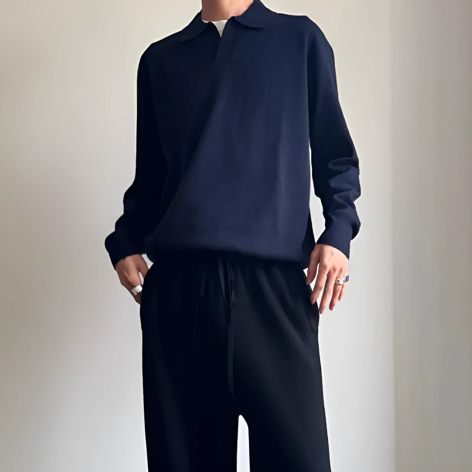 Old money style pure wool polo sweater with lapel collar in navy blue