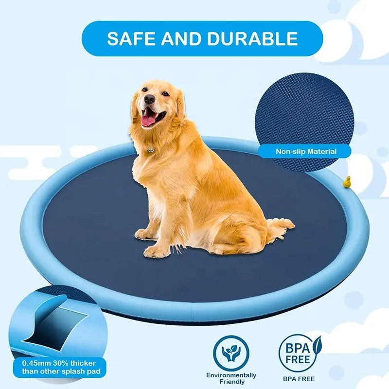 Inflatable blue dog pool splash pad with anti-slip texture, partially filled with water in a garden.