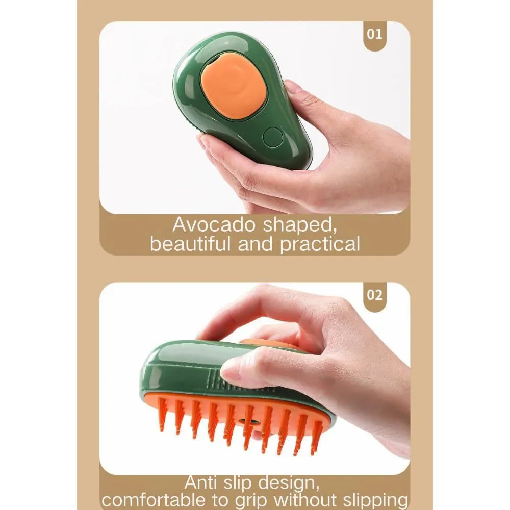 Green and white rechargeable cat steam brush with water spray tank and soft silicone bristles for pet grooming.