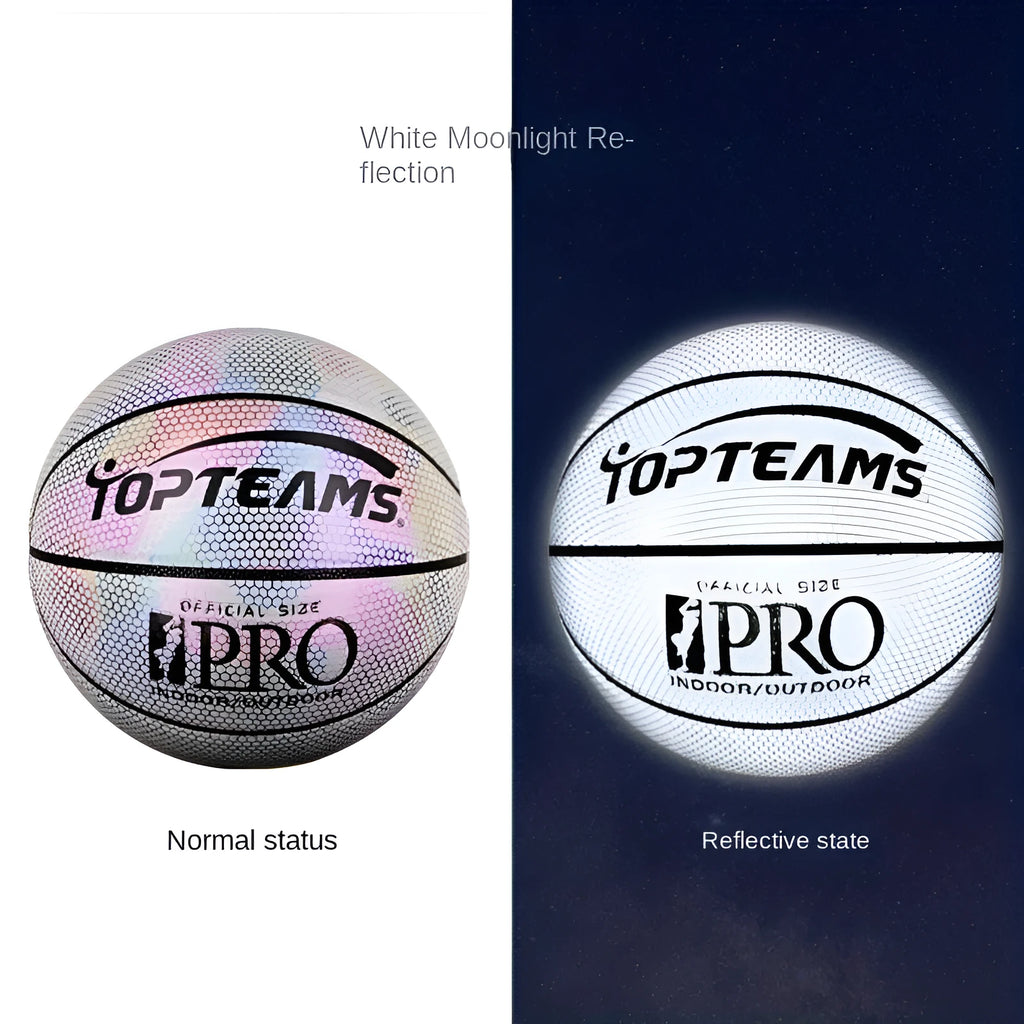 Chroma and white PU basketball with holographic reflective patches, size 7
