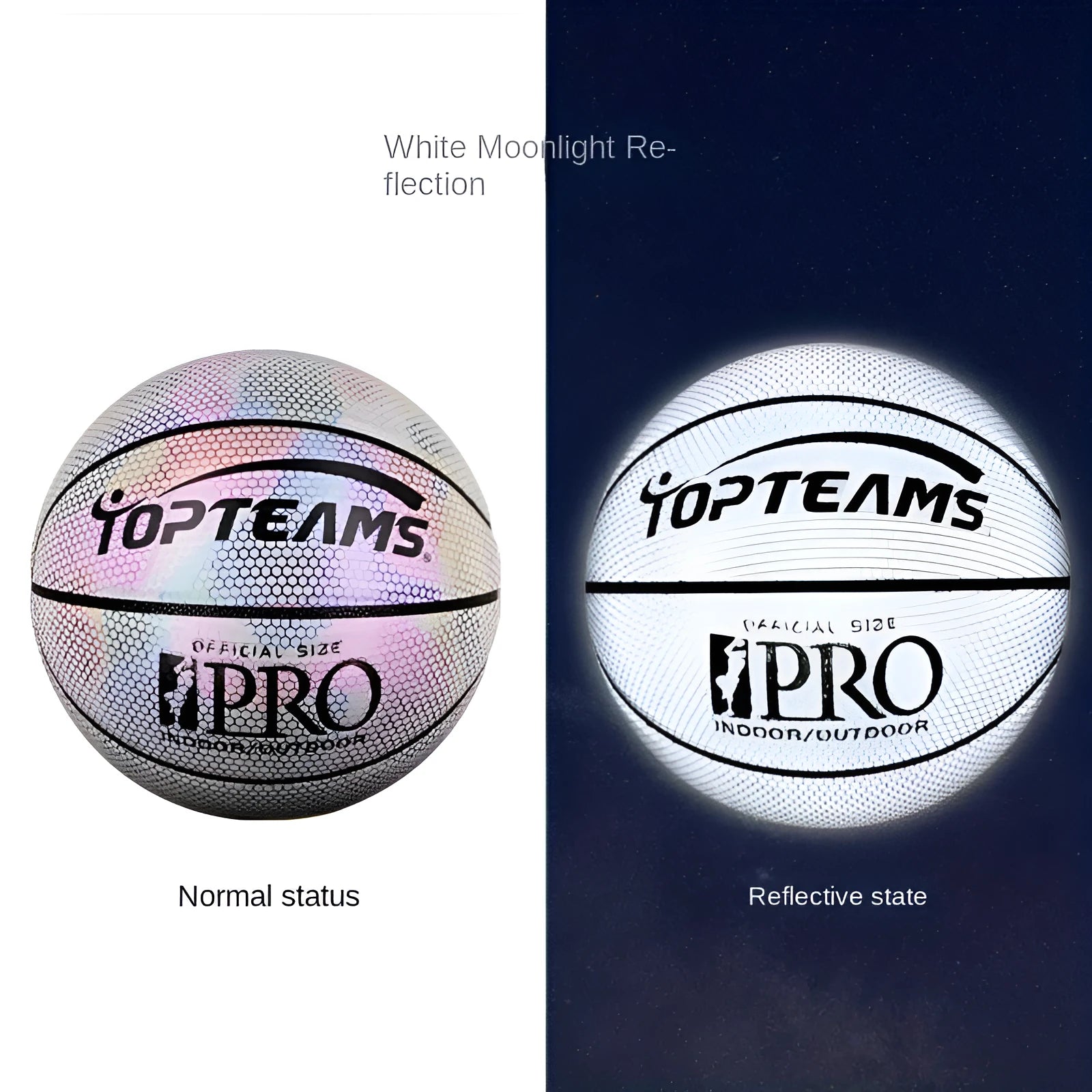 Chroma and white PU basketball with holographic reflective patches, size 7