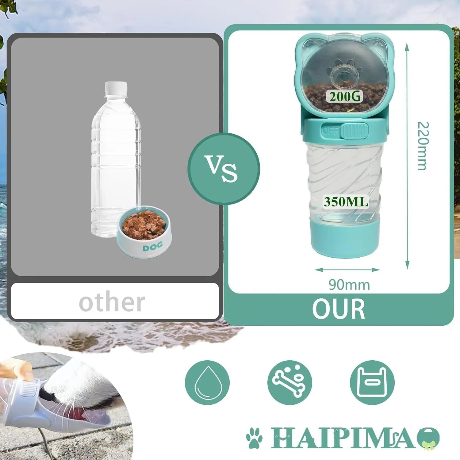 Green pink white portable pet water bottle with food container and waste bag dispenser