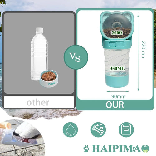 Green pink white portable pet water bottle with food container and waste bag dispenser