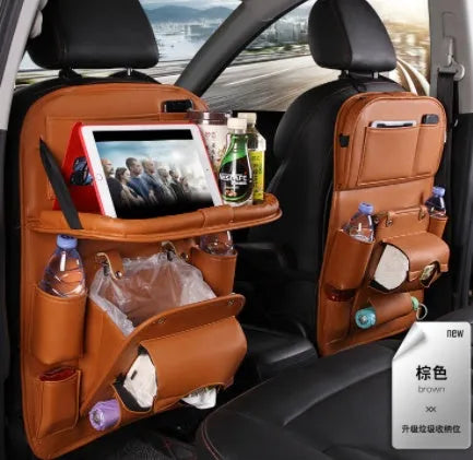 PU leather car seat back organiser bag in multiple colours with storage pockets and built-in trash can