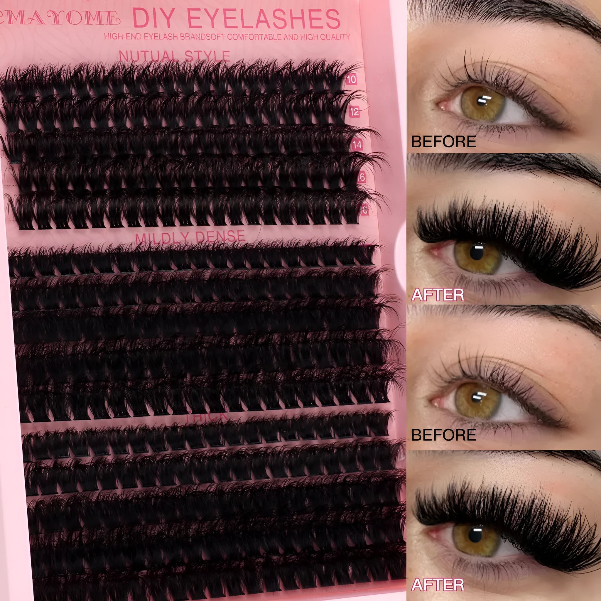 DIY false eyelashes extension suit showing cluster lashes and application tweezers for at-home use