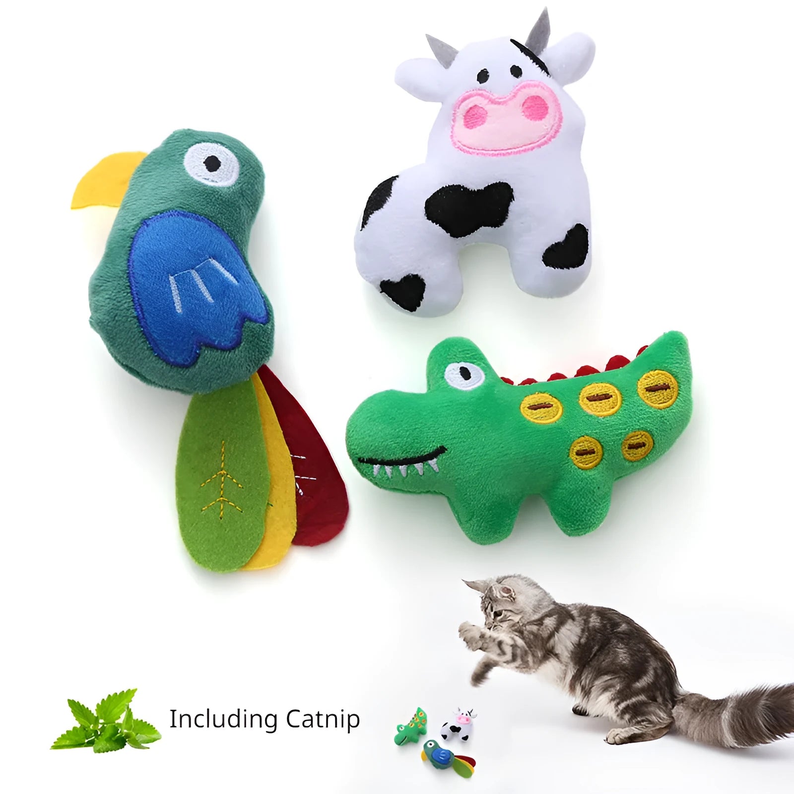 Plush cat toy in cow shape with catnip filling for interactive feline play