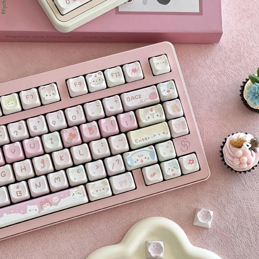 Complete 141-piece set of anime cat themed mechanical keyboard keycaps with five-sided sublimation printing.