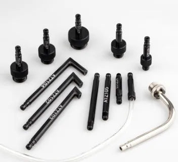 Thirteen piece automatic transmission fluid refuelling tool kit with wave box connector and pump.