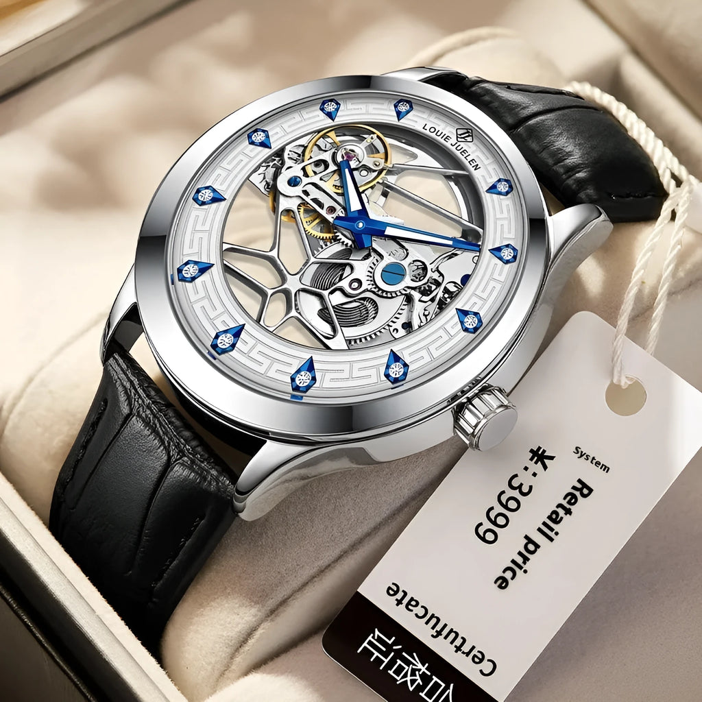Men's silver case mechanical watch with black genuine leather strap and business styling