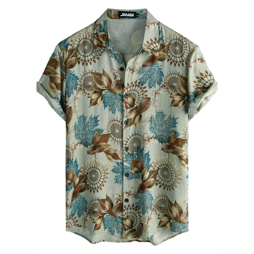 Hawaiian print short sleeve shirt with lapel collar and floral pattern in multiple colour options
