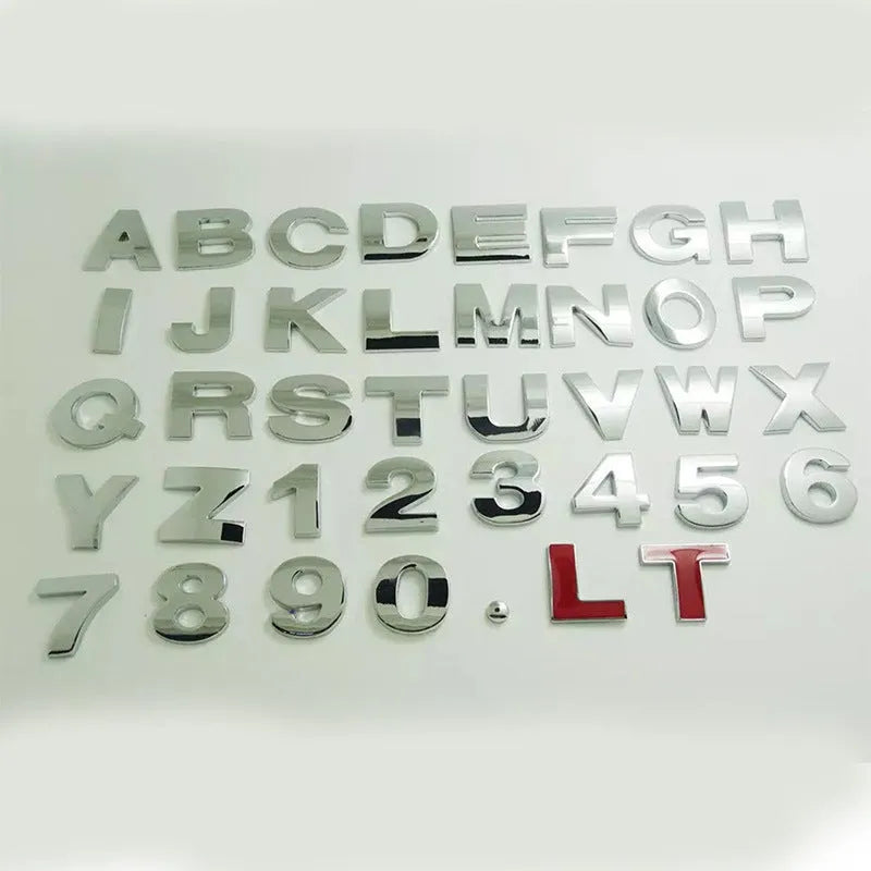 3D metal car bumper sticker showing zinc alloy English letter with black finish, approximately 2.5cm in size