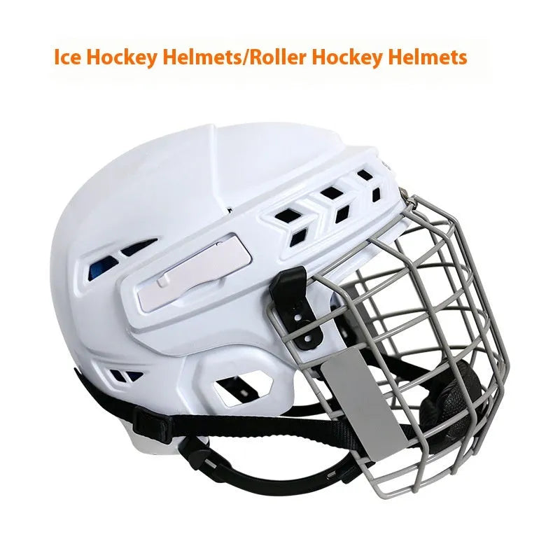 Ice hockey helmet with a carbon steel face mask and cushioned interior lining.