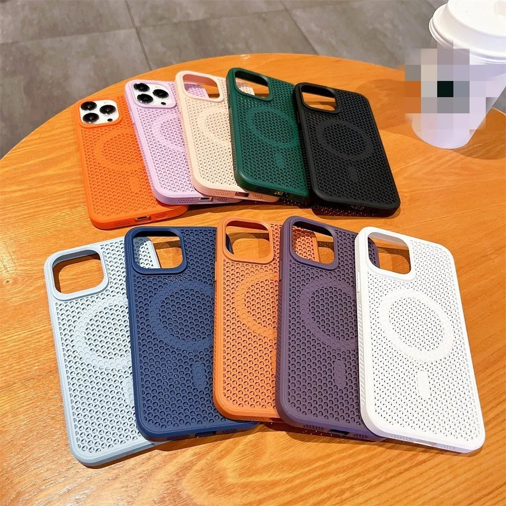 Simple honeycomb mesh magnetic phone case for iPhone 11 to 15 series in black hard PC