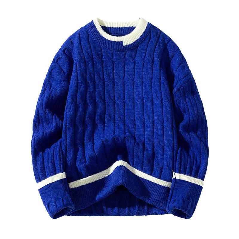Men's loose fit two-piece acrylic modal sweater set in light blue, sporty pullover style.