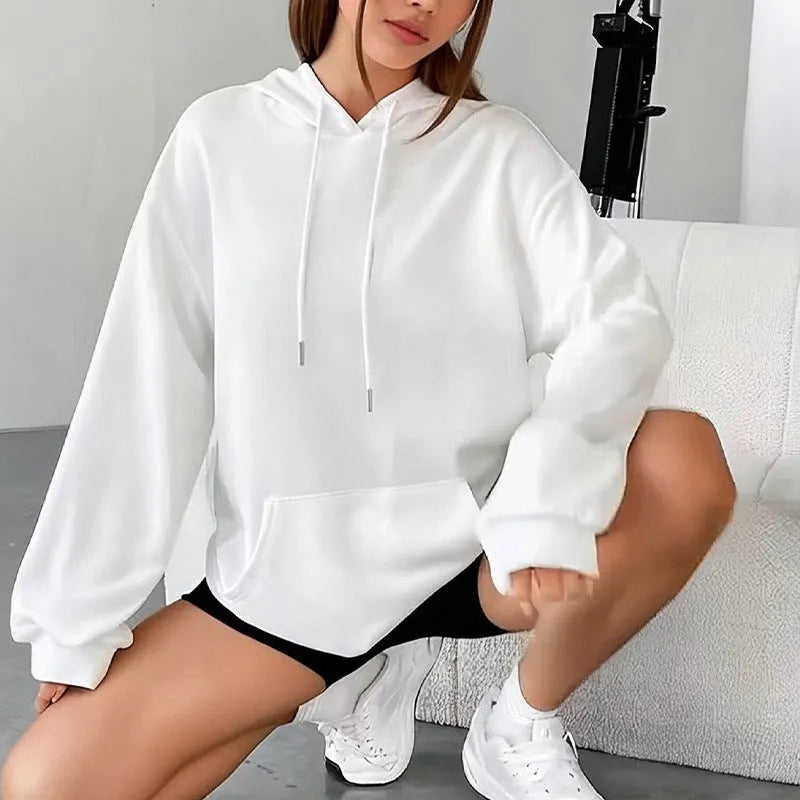 Women's loose fit grey sweatshirt with drawstring hood and kangaroo pocket