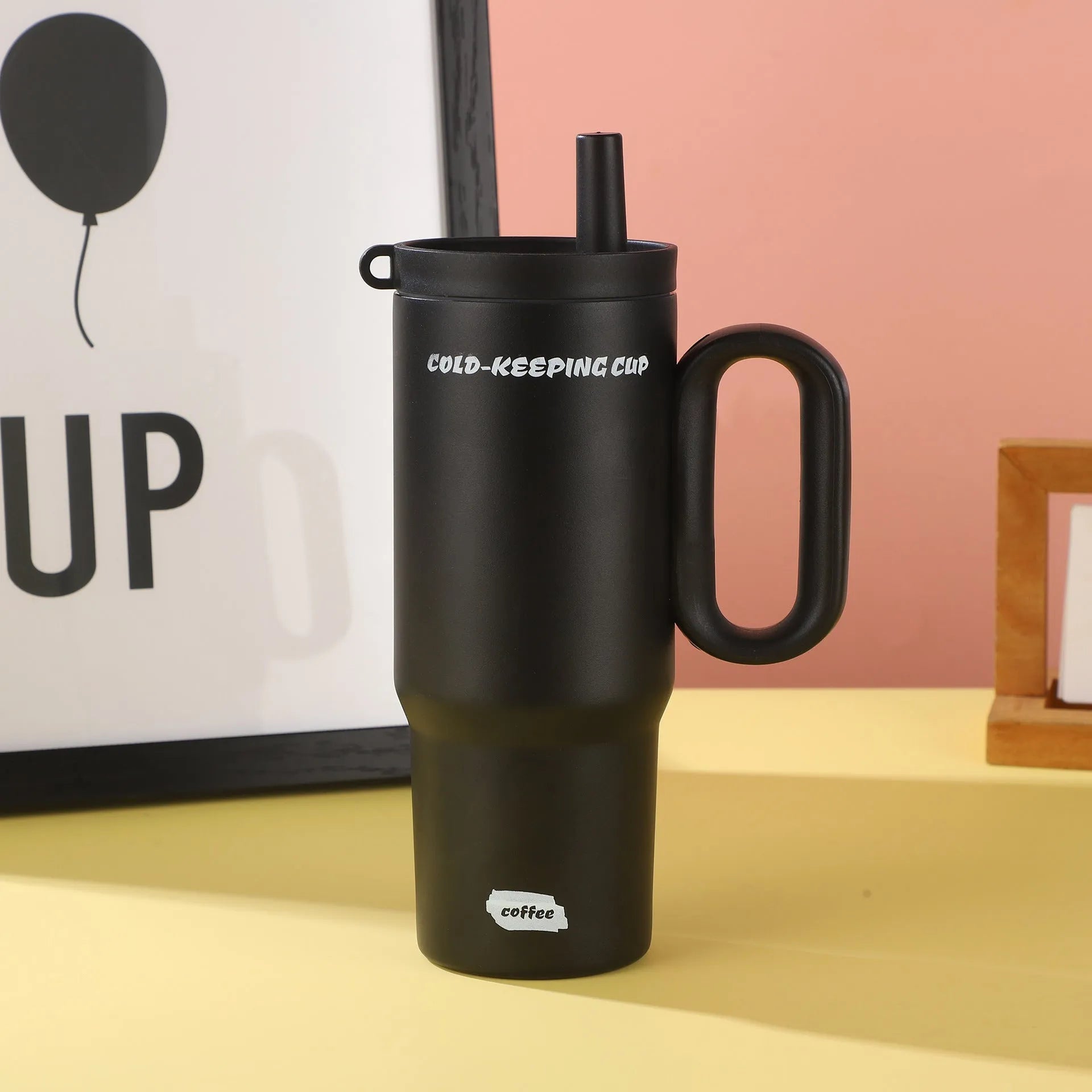 Large insulated straw drinking cup with carrying handle in multiple colour options