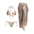 Women's creamy white floral print bikini set with matching skirt for swimming