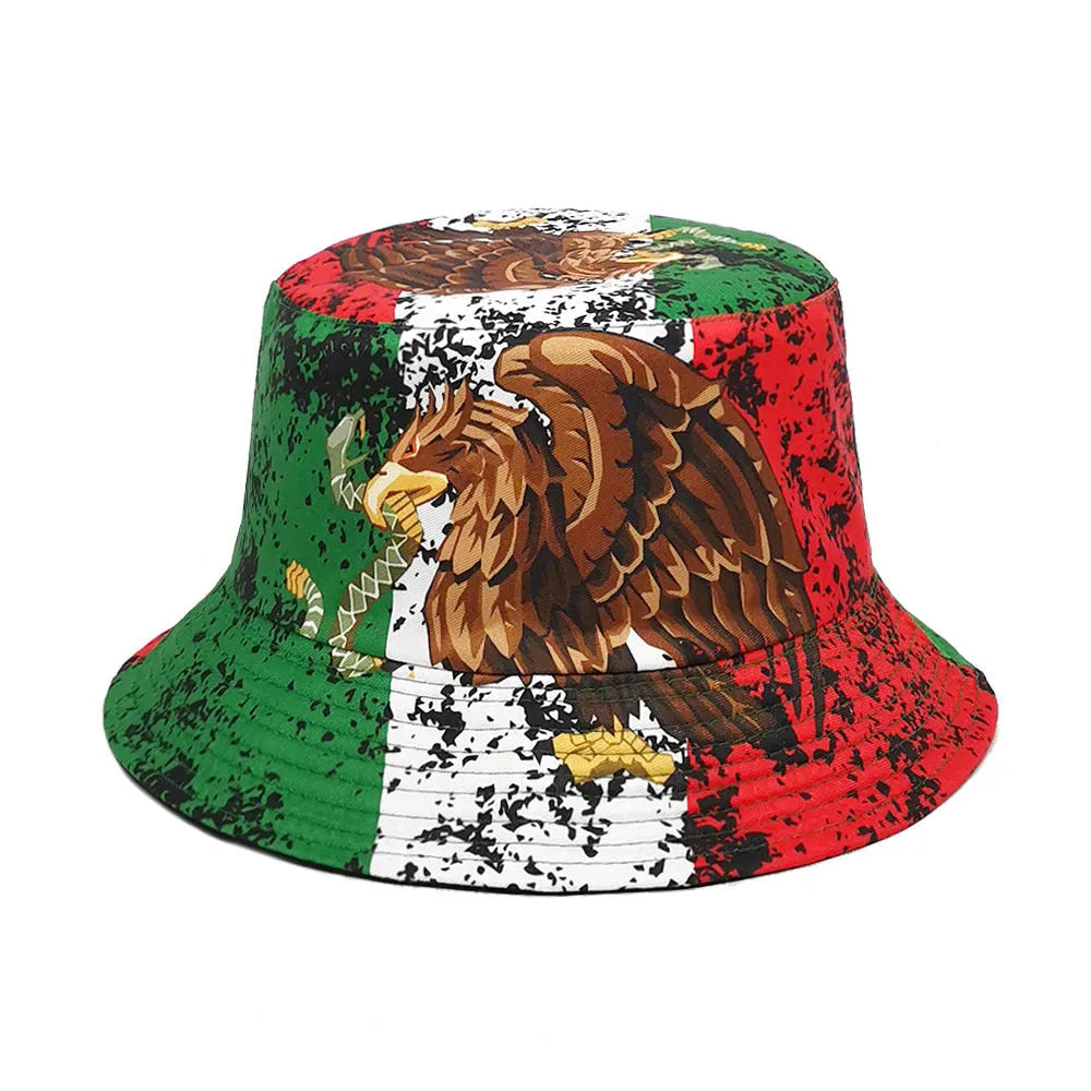 Eagle pattern bucket hat in polyester fabric with dome crown and retro styling