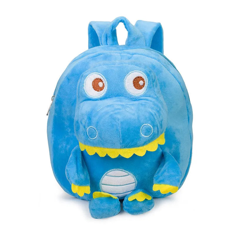 Blue baby dinosaur plush backpack with embroidered detail and a soft handle.