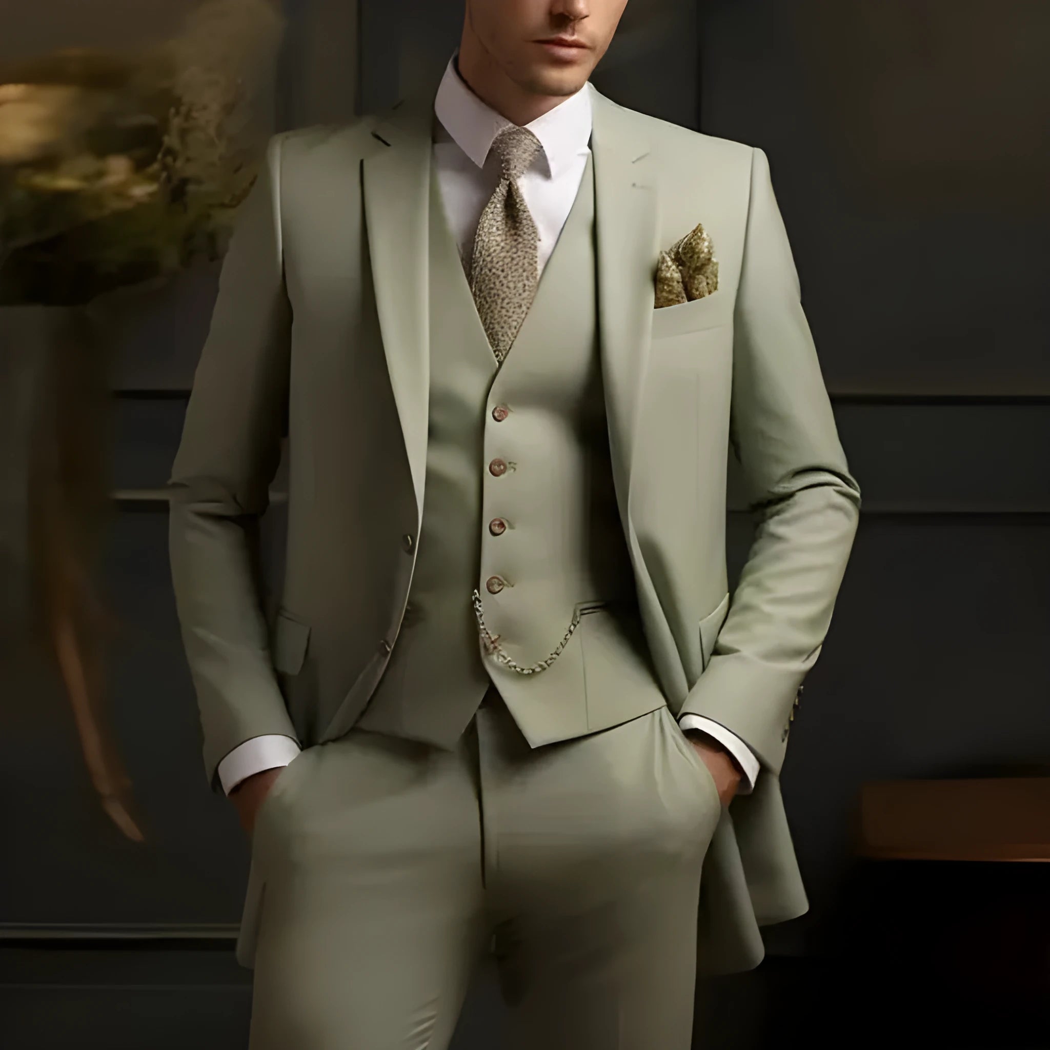 Men's slim fit three-piece business suit set in light style, polyester blend fabric, including top trousers and waistcoat