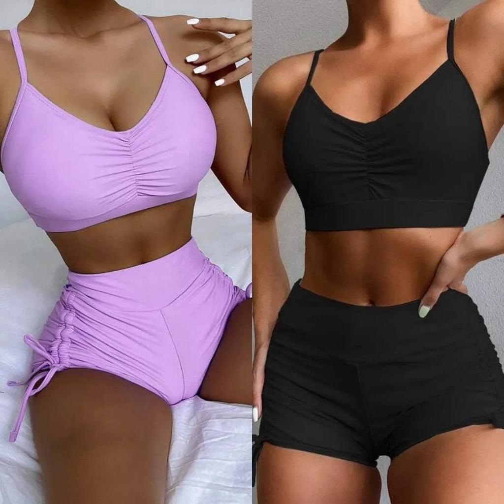 Women's high waist split swimsuit in black or purple colours with sleeveless design
