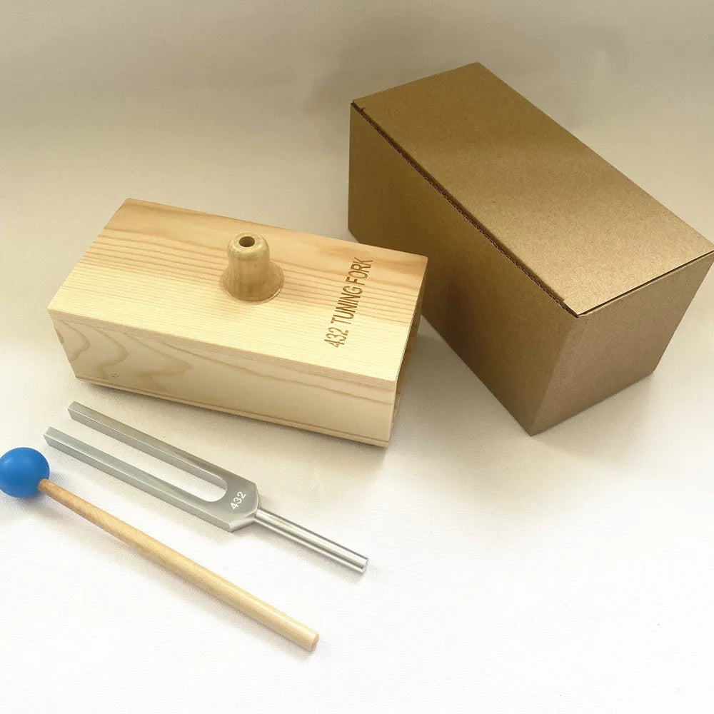 Aluminium alloy 432Hz tuning fork and portable speaker set in kraft paper box.