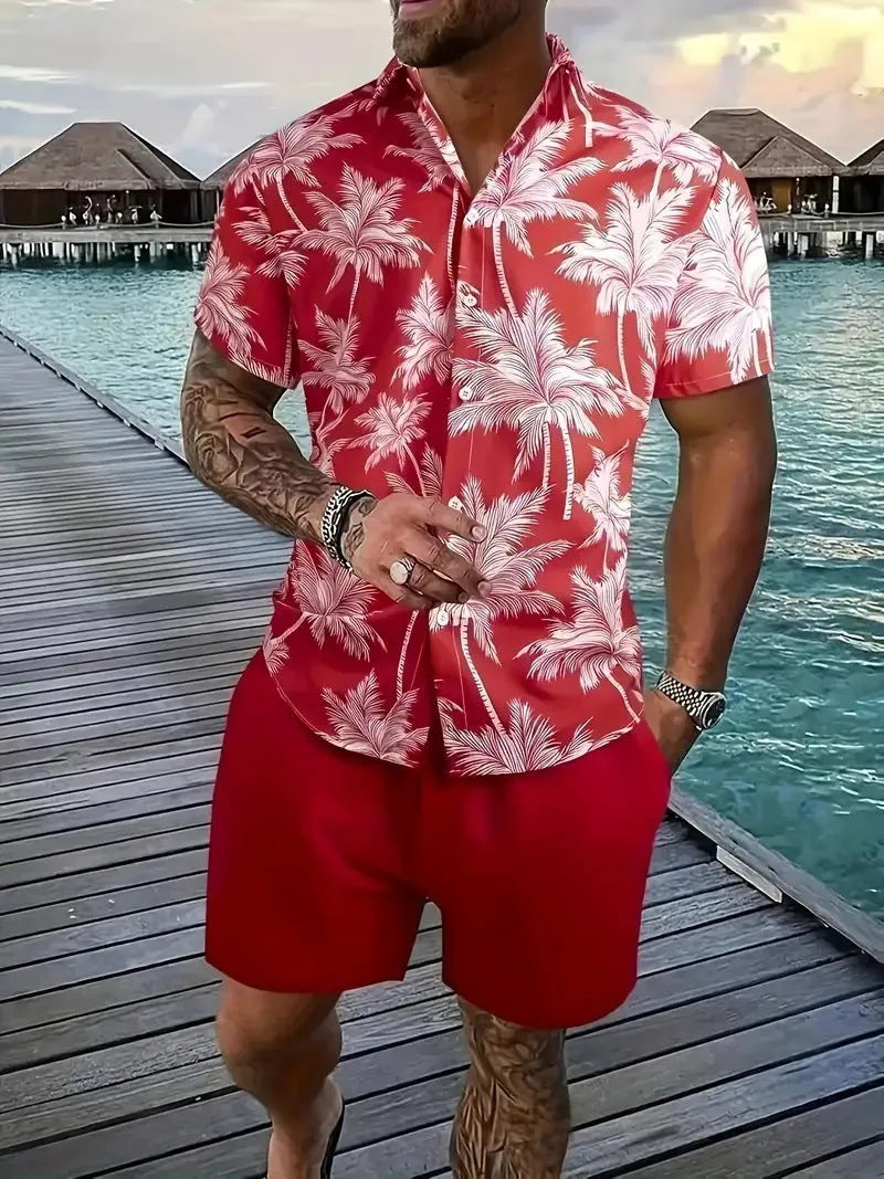 Man wearing a short sleeve Hawaiian print shirt and matching shorts, a casual polyester suit set.