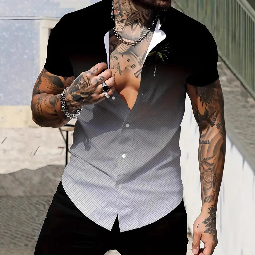 Men's slim fit geometric print lapel shirt in polyester fabric with short sleeves