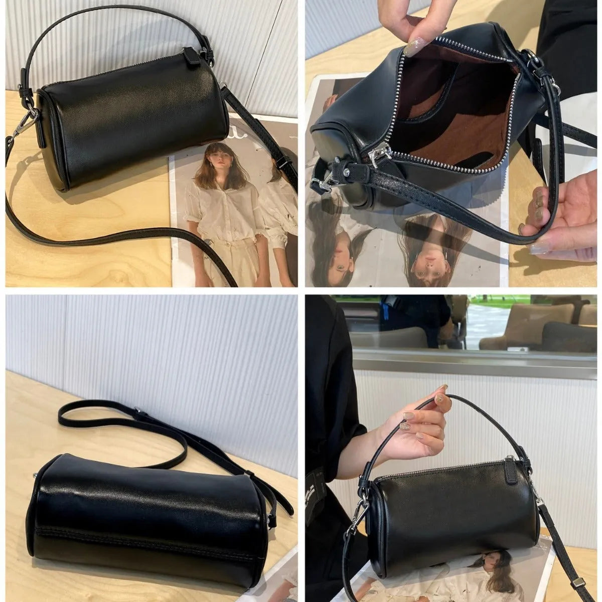 Soft genuine leather cylindrical crossbody phone bag in street style with sewing thread detailing