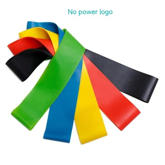 Five colour-coded TPE yoga tension straps with graduated thickness for resistance training