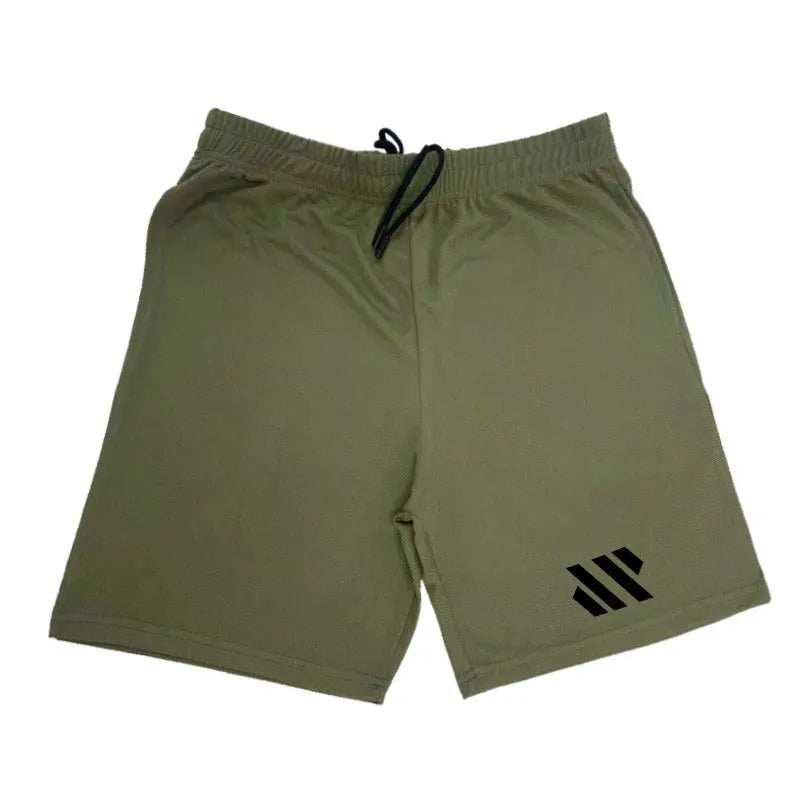 Man's loose-fit metal silk polyester sports shorts in army green colour for summer running.