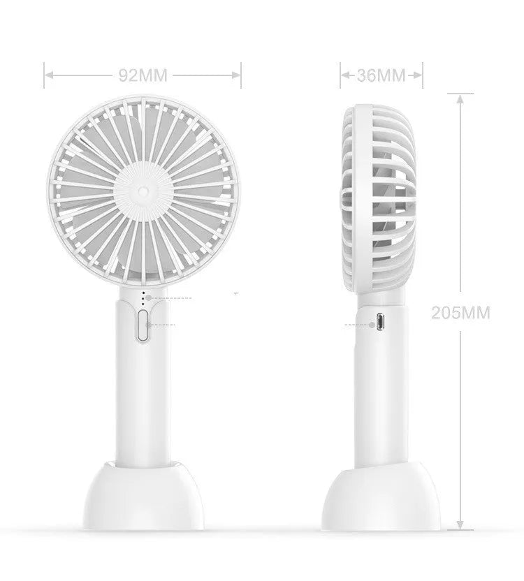 Blue handheld mini desktop USB electric fan with three speed settings and oscillating head