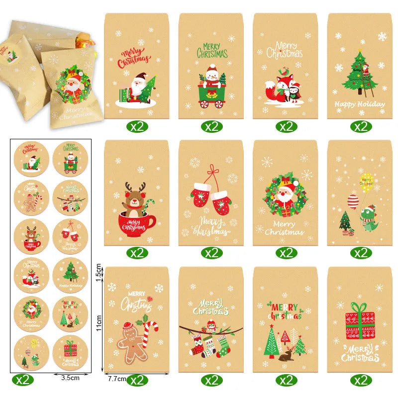 Retro kraft paper mini envelope set 24 pieces with stickers Christmas design 12.5x7.7cm