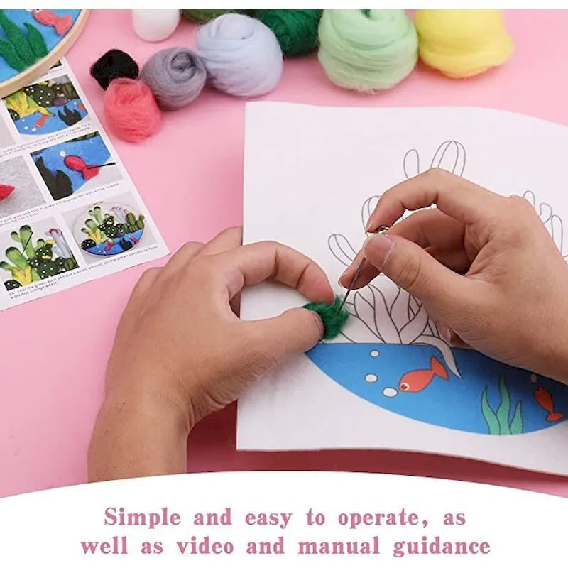 Round linen embroidery kit with wool felt materials for three-dimensional floral design