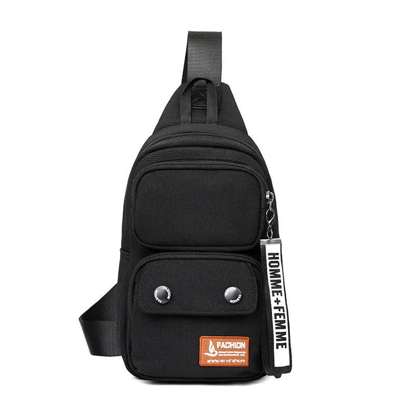 Black nylon crossbody shoulder bag with beige contrast stitching and multiple storage compartments