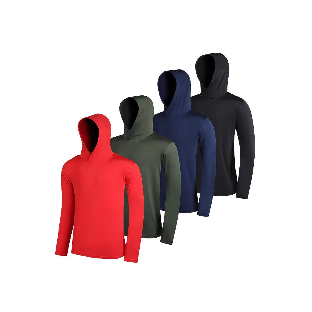 Men's lightweight hoodie four-pack in elastic polyester fibre showing colour options and hooded styles
