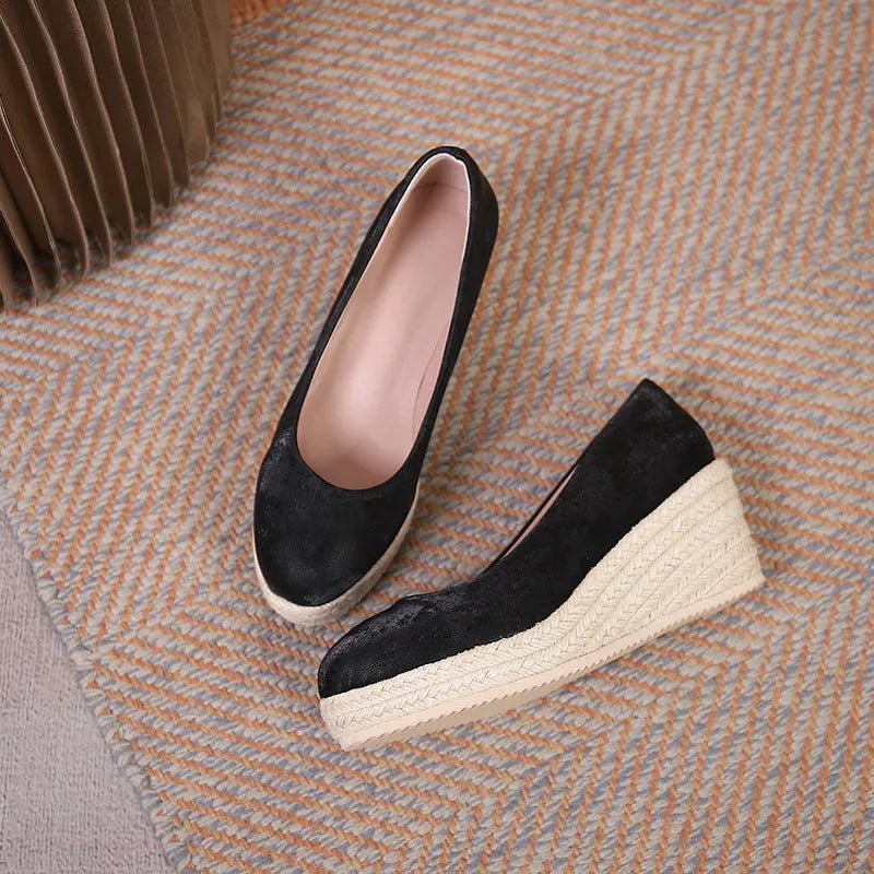 Women's wedge heel pumps with rope trim on shallow mouth and thick EVA sole