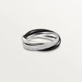 A pair of silver couple rings with full diamond settings, showing U-shaped and geometric band designs on a size 8 finger.