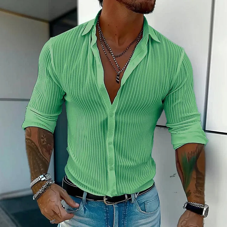 Men's striped long sleeve cardigan shirt in a loose British style fit, showing 3D pattern detail.