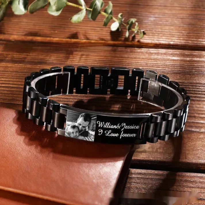 Titanium steel men's bracelet with curved heart shape and electroplated lettering in gift box