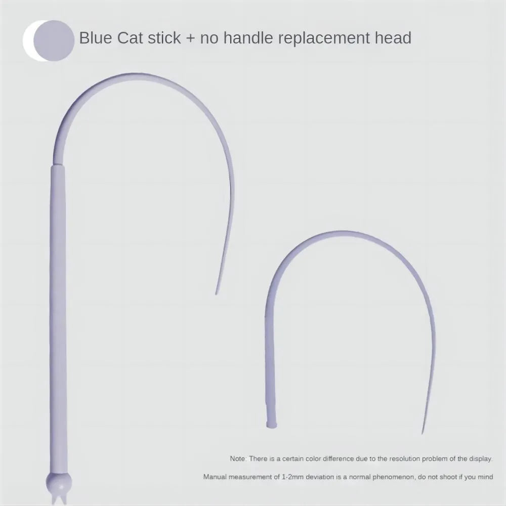 Blue cat teaser wand toy with long silicone mouse tail and cat-shaped handle