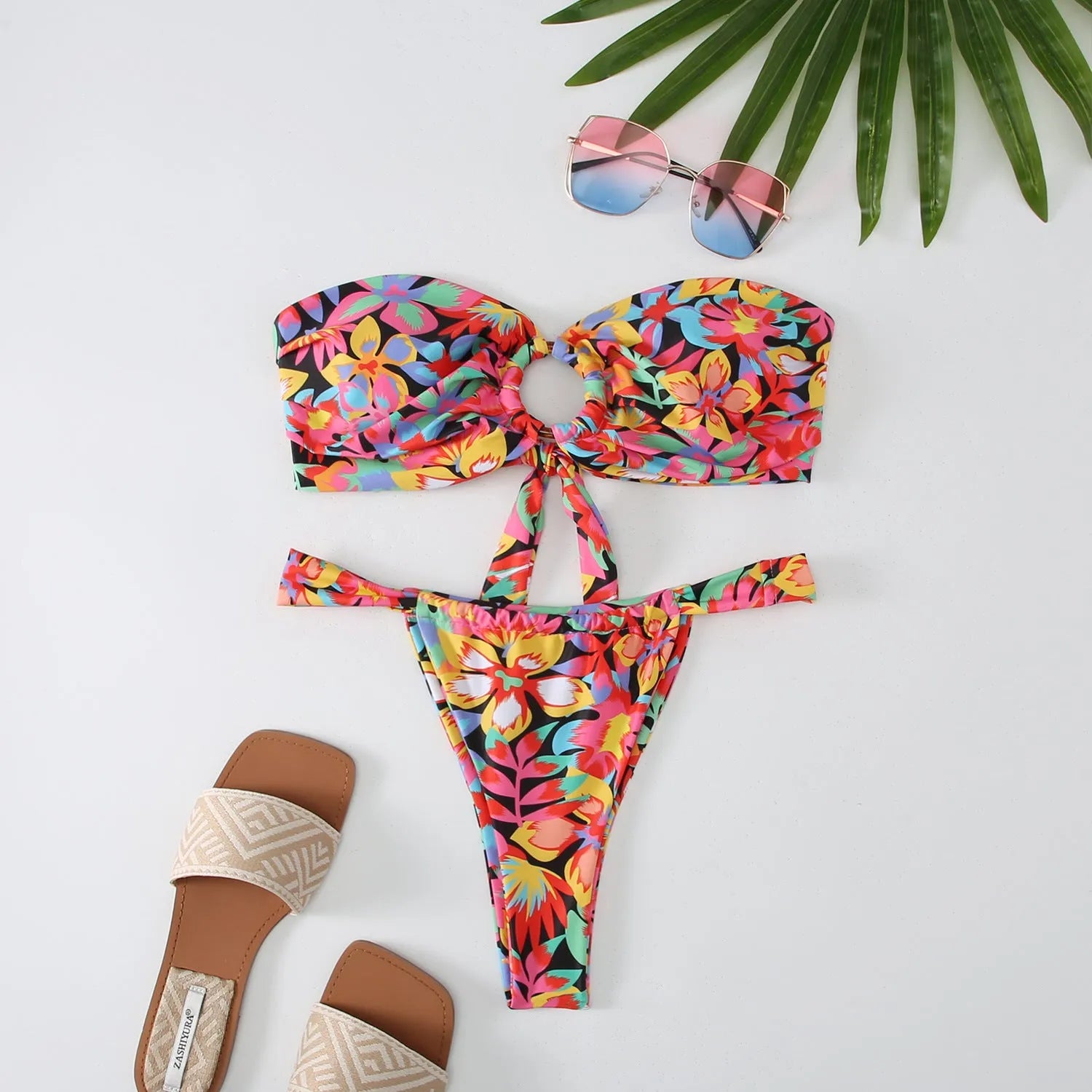 Women's floral print tube top ring bikini swimsuit with high elasticity for swimming and fitness.