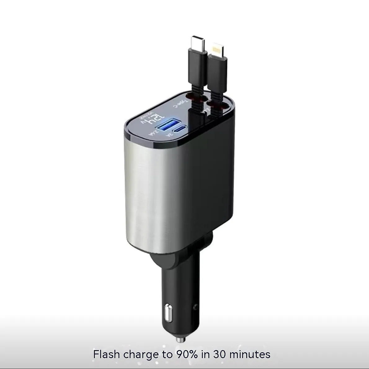 Automatic retractable car charger with cable extended, plugged into a 12V socket