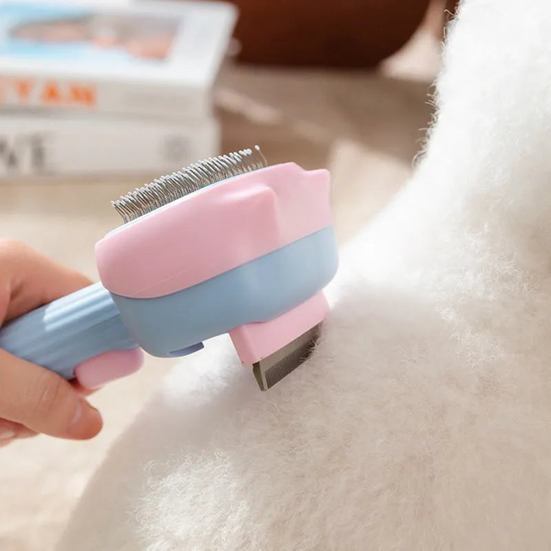 Blue dual-sided deshedding brush and dematting comb for large dogs and cats on a white background.