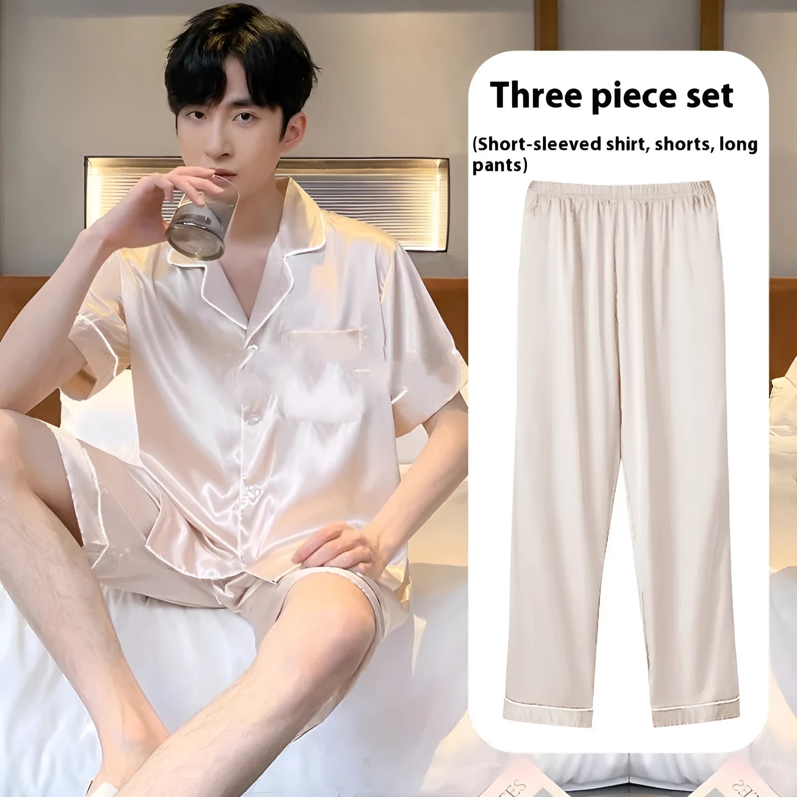 Men's black ice silk three-piece home wear suit featuring a sleeveless top, shorts, and trousers laid flat