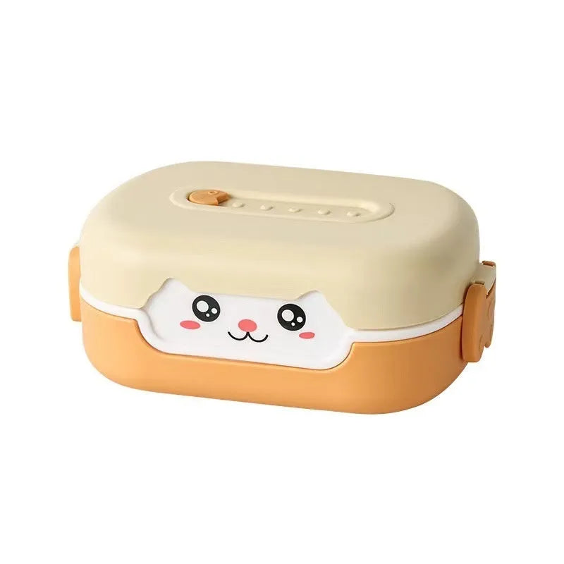 Square divided plastic lunch box in dark blue, orange yellow, or pink and green colours with cartoon style