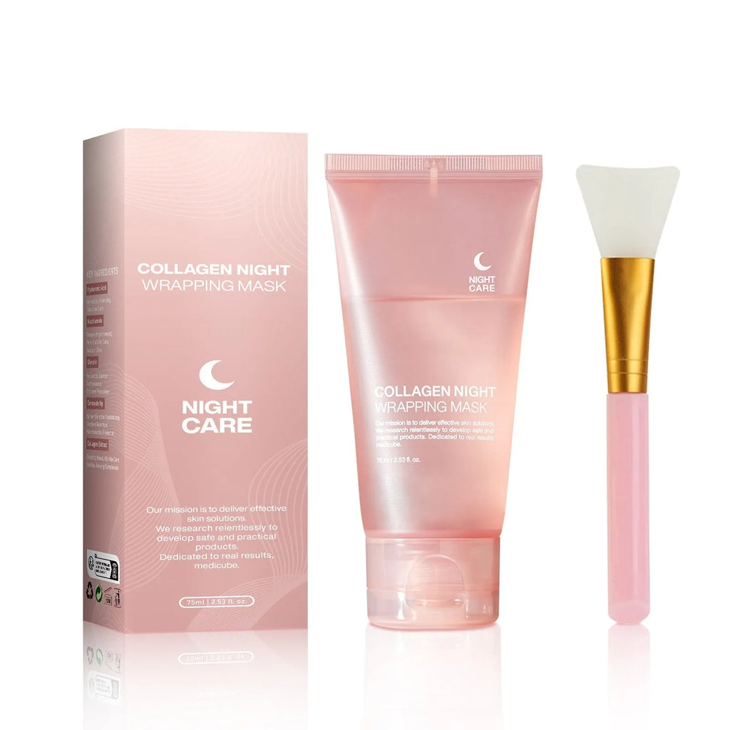 75ml bottle of collagen night face mask with application brush for skin firming and hydration.