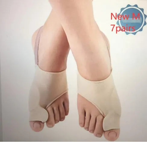 A pair of stretch fabric bunion socks with a soft gel pad and silicone toe separator in sizes small, medium, and large.